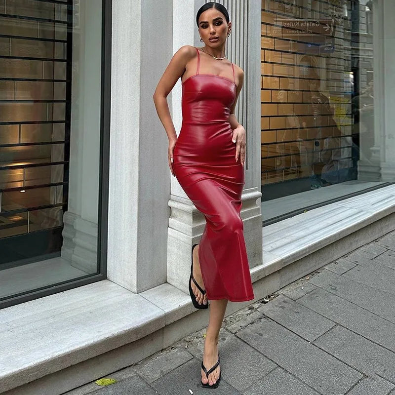 Black/Red Color S-XL Boutique Sale Women's Sexy Backless Night Clubwear Prom Evening Party  Popular PU Leather Sexy Fashion Backless Maxi Women's Dresses