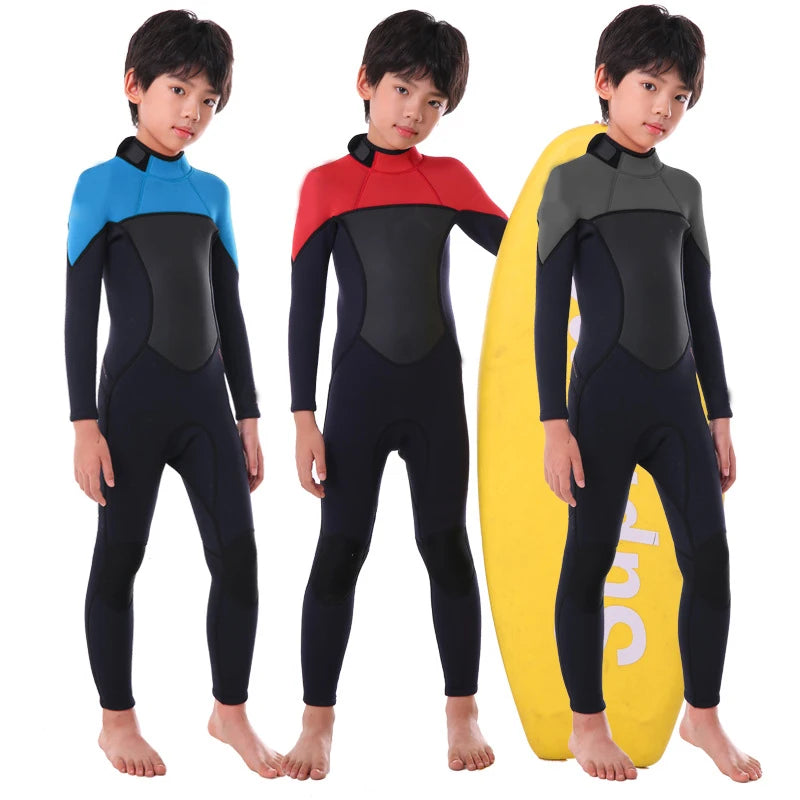 Neoprene Wetsuit 2.5MM Children Unisex One Piece Girls and Boys Surfing Diving Scuba Snorkeling Training Swimsuit Waterproof Warm Long Sleeve Sunscreen Children Water Sports Apparel Clothing Supplies