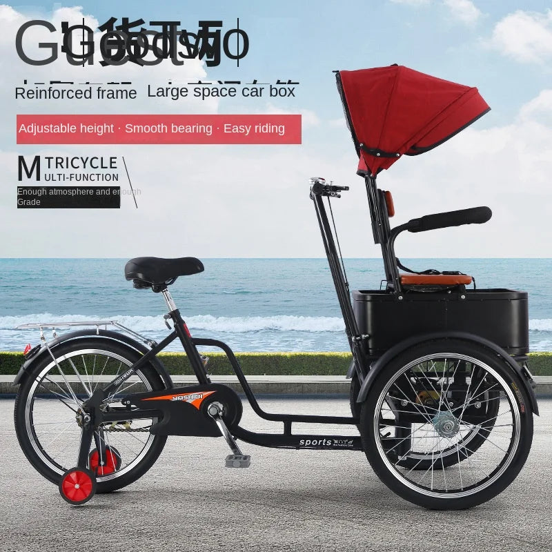 Parents-Child Tricycle Bicycle  JMC-0829 Elderly Walking Tricycle Single Speed Full Shockproof Steel Frame 20" 150kg Load Capacity On-Road