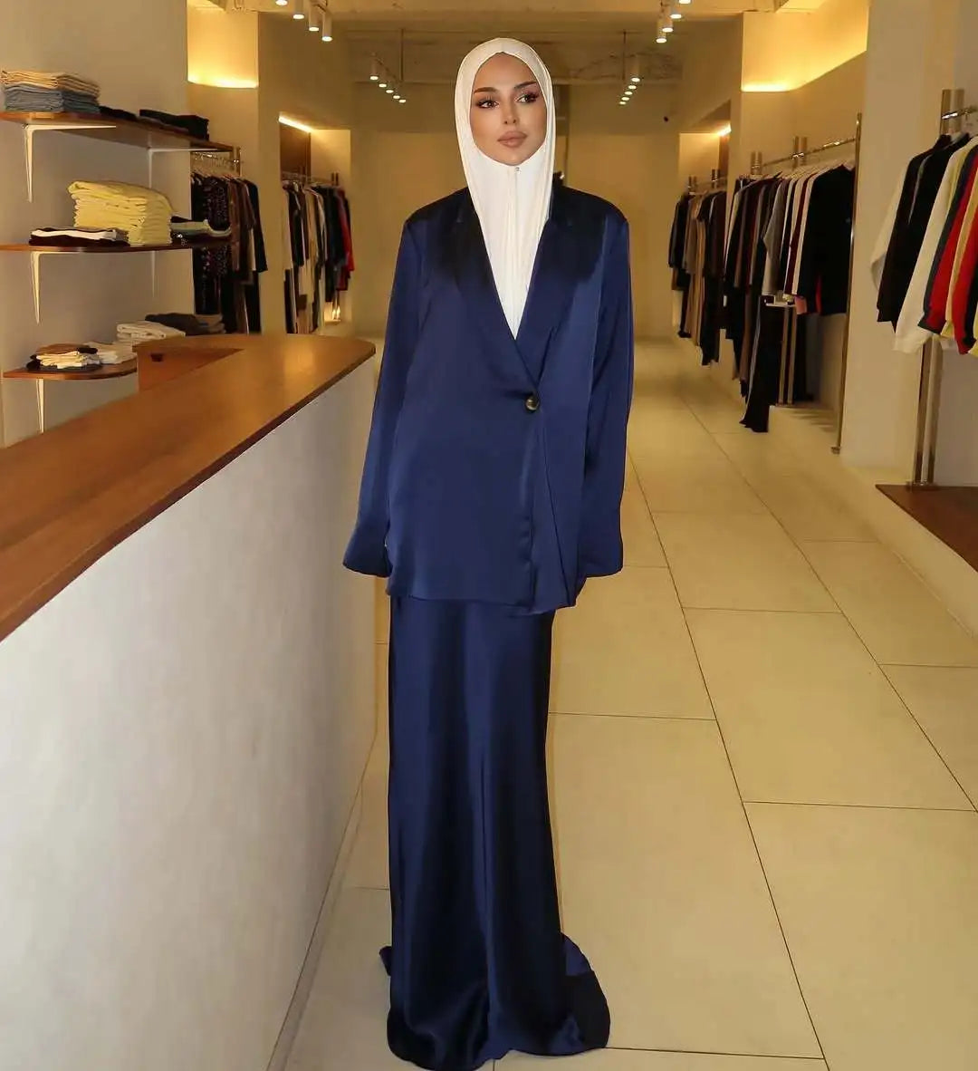 5 Colors XS-3XL Plus Size Islamic Middle East Women's Luxury Satin Dress Suit  Loose High Waist Modest Abaya Set Ankle Length Long Sleeve Elegant Fishtail Wedding Guest Birthday Evening Party Maxi Gowns Muslim Women's Clothin