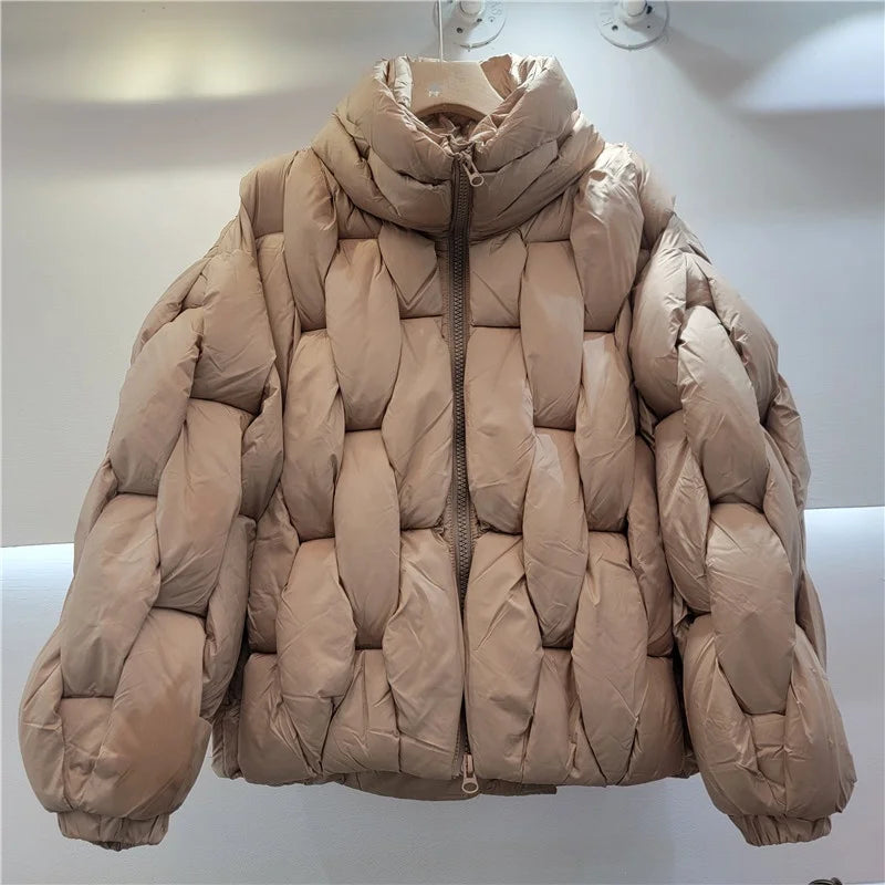 Brown/Black/Khaki Color Unique Knit Design Casual Stand Loose Thick Women Down Windbreaker Coat Custom Size Simple Winter Women's Coats Snow Outerwear Jackets Women Winter Apparel Accessories