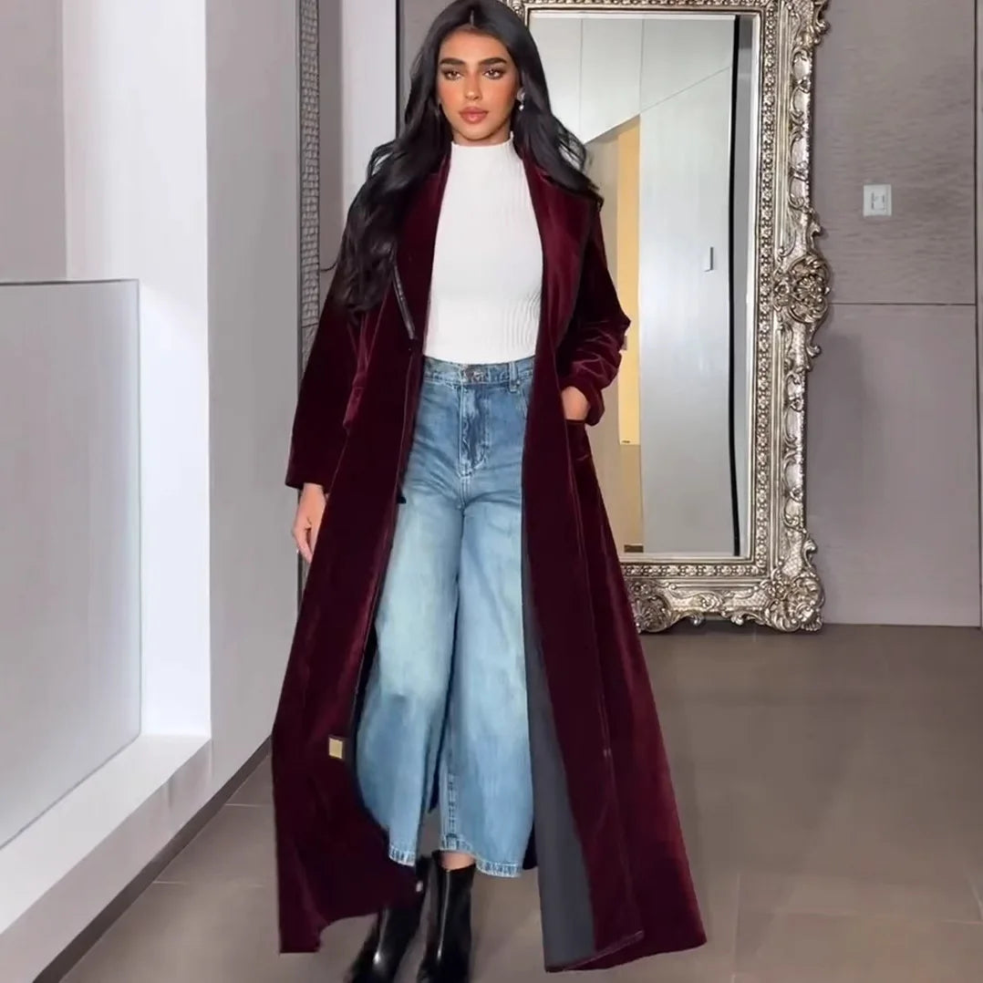 19th Century Victorian Velvet Coats New Fashion Elegance Temperament Commuter Velvet Long Solid Color Long Sleeve Women's Jacket Winter Warm Long Velvet Coat Women Luxury Apparel Supplies