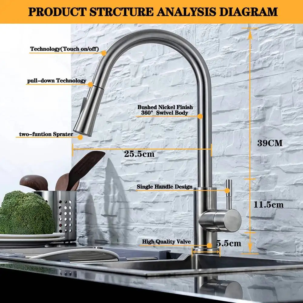 Just Arrived Kitchen Bathroom Motion Sensor Faucet Pull Out  Black/Brushed Nickle Color Large Area Sensor Stainless Steel Black Smart Induction Mixed Tap Touch Control Sink Tap Home Office Hotels