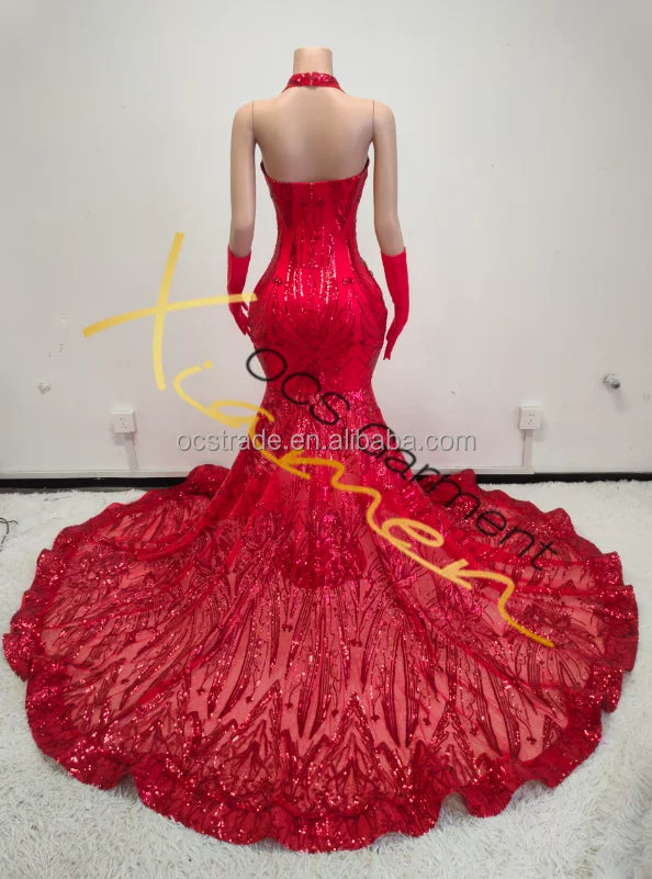 Boutique Gala HOT SALE 15 Colors High Quality Sexy See Through Shiny Sequined Women Evening Prom Dresses Elegant Halter V Neck Sexy Transparent Red Mermaid Ball Gown With Gloves Red Carpet Opera Concerts Celebrities Ladies Lu