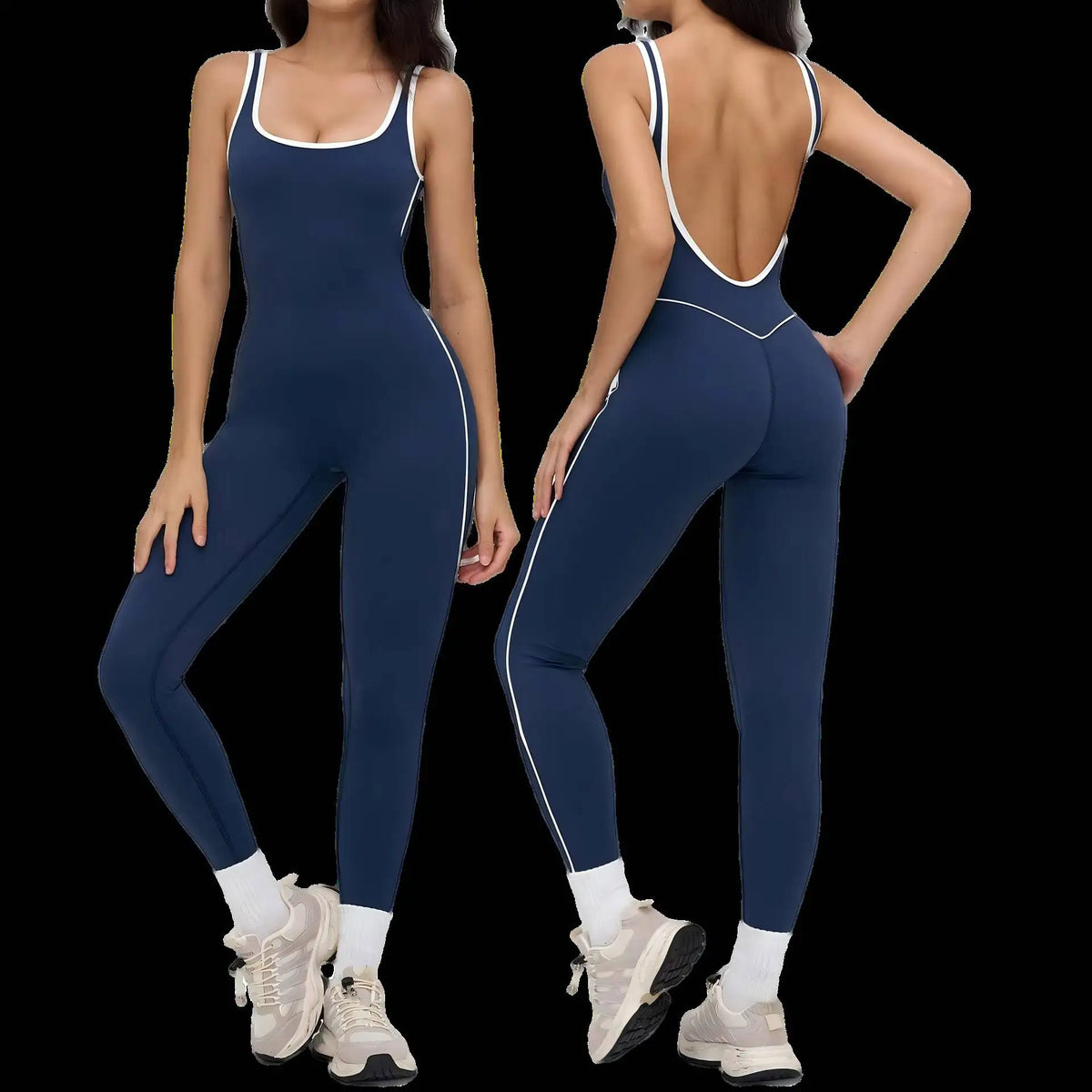4 Colors Women's Sexy Backless Deep V-Neck Yoga Jumpsuit Full-Length High-Waisted Stretchy Breathable Eco-Friendly Outdoor Running Gym Fitness Outfit Activewear Women Sports Clothing Supplies