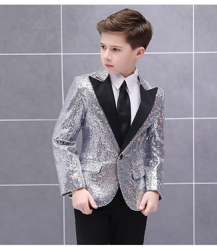 4 PCS Set 5 Colors Boys Formal Wedding Guest Suit Kids  Luxury Jacket Shirt Pants Tie Party Blazer Children Piano Performance Ceremony Costume Birthday Evening Party Children Luxury Apparel Supplies