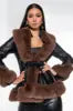 S-4XL Plus Size Brown/Black Color Women's Elegant Waterproof Soft Faux Fur Trimmed Leather Trench Coat Fox Fur Collar Double Breasted Button Detail Autumn/Winter Outerwear Jacket.