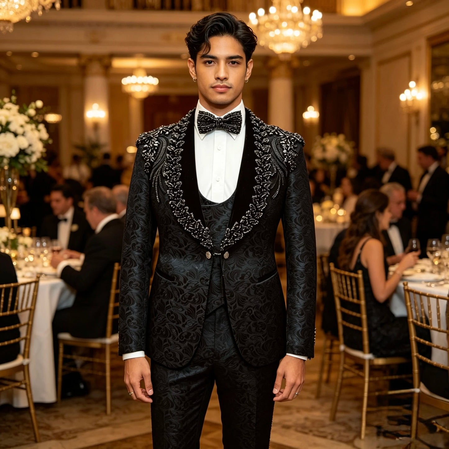 3 PCS Set Xs-3XL Plus Size New Italian Fashion Handmade Embroidery  Men's Luxury Pants, Vest, Jacket Suits Slim Fit Mandarin Collar Formal Wedding Groom Business Dinner Party Opera Concerts Red Carpet Celebrities Formal Cloth