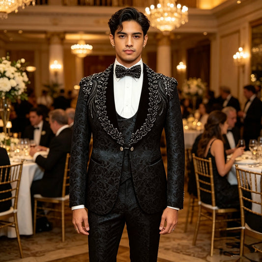 3 PCS Set Xs-3XL Plus Size New Italian Fashion Handmade Embroidery  Men's Luxury Pants, Vest, Jacket Suits Slim Fit Mandarin Collar Formal Wedding Groom Business Dinner Party Opera Concerts Red Carpet Celebrities Formal Cloth