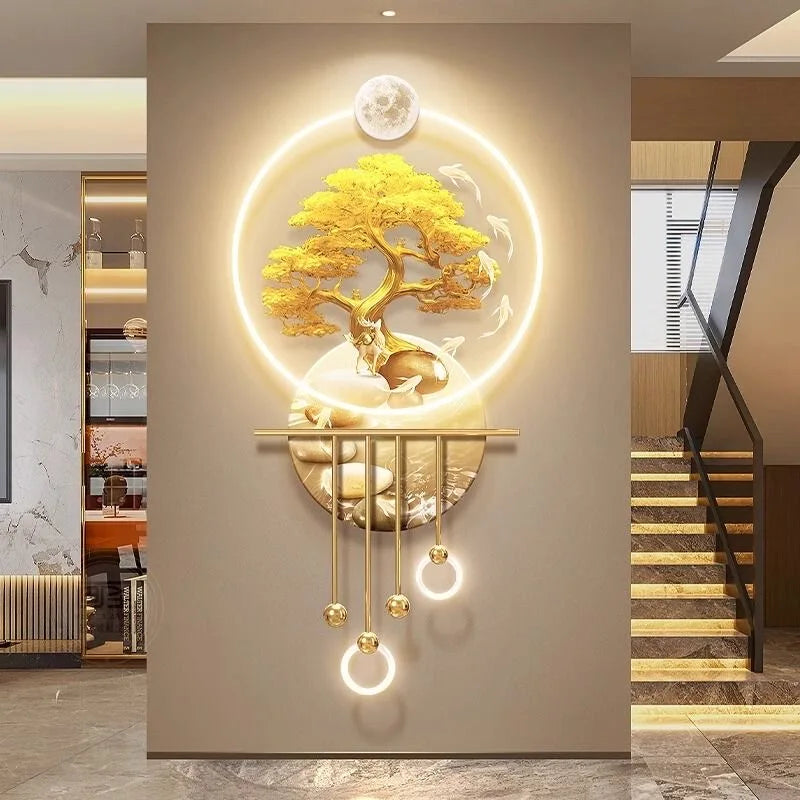 Wealth Life Tree 100*50cm with Lights Metallic Wall Art Creative Decoration Living Room for Home Office Decor Luxury Art Item House Decoration