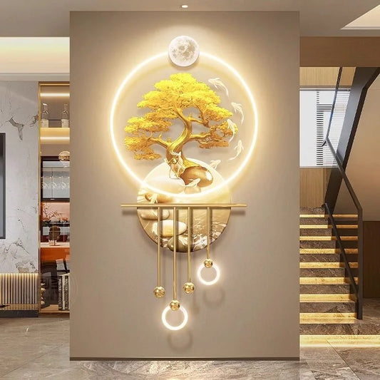 Wealth Life Tree 100*50cm with Lights Metallic Wall Art Creative Decoration Living Room for Home Office Decor Luxury Art Item House Decoration