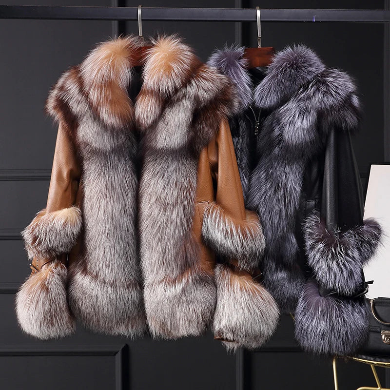 NEW Design  Fashionable Women's Winter Natural Fox Fur Outfit Real Fox Fur Jacket with Authentic Sheep Leather Girls Luxury Apparel Accessories Winter Clothing Supplies