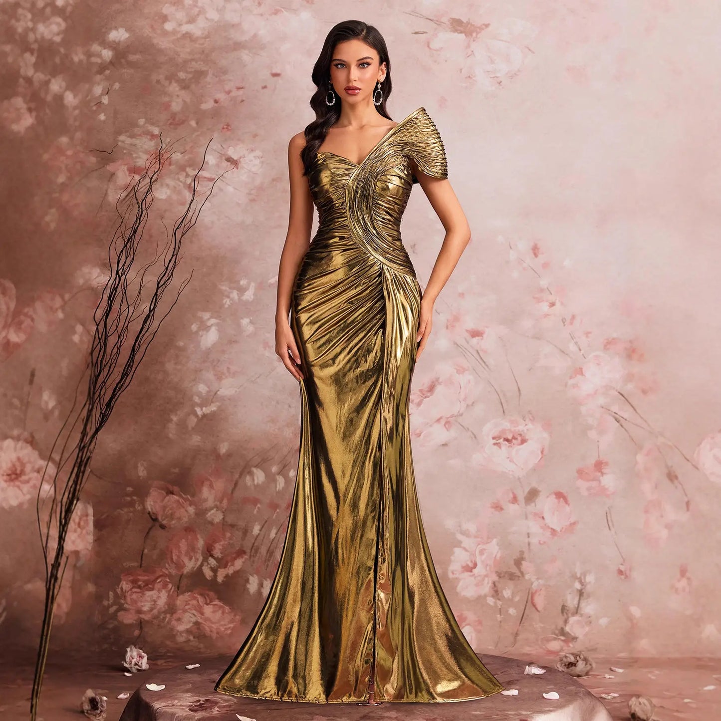 Mother of  Bride Luxury Gowns S-2XL for Women Evening Wedding Guest Party Dresses Elegant Floor-Length One-Shoulder Slit Pleated Mermaid Formal Party Dresses Ladies Luxury Apparel Supplies