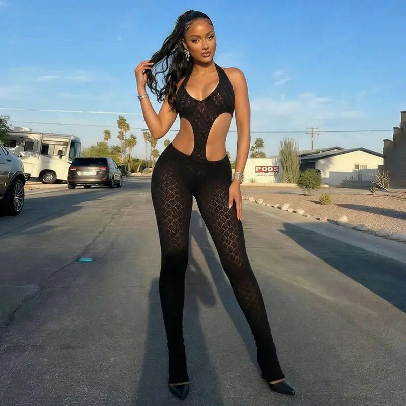 Black/Blue/Burgundy Color  New Halter Cutout Flare Leg Backless Jumpsuit Slim Fit Summer Night Club Playsuit Evening Beach Party Bodysuit Women Sexy Apparel Supplies