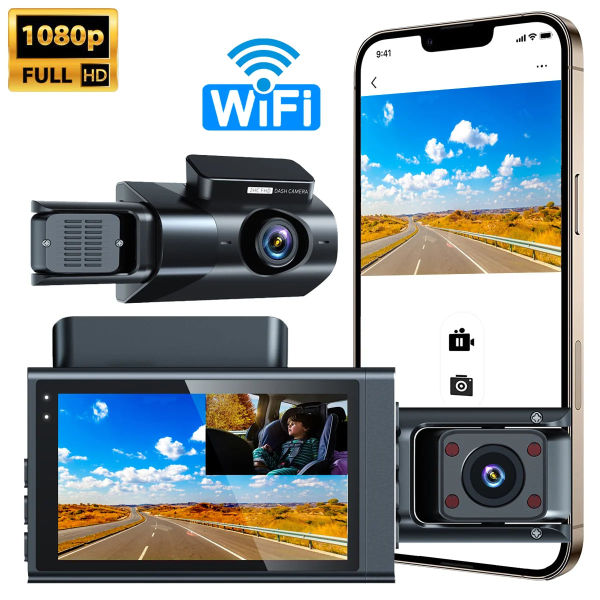 3 Lens Dashcam with WI-FI App Control  1080P Loop Recording Front 1080P Car Camera Mode Dash Camera for Cars Video Playback FHD Cars Vehicle Security Accessories Safety Supplies