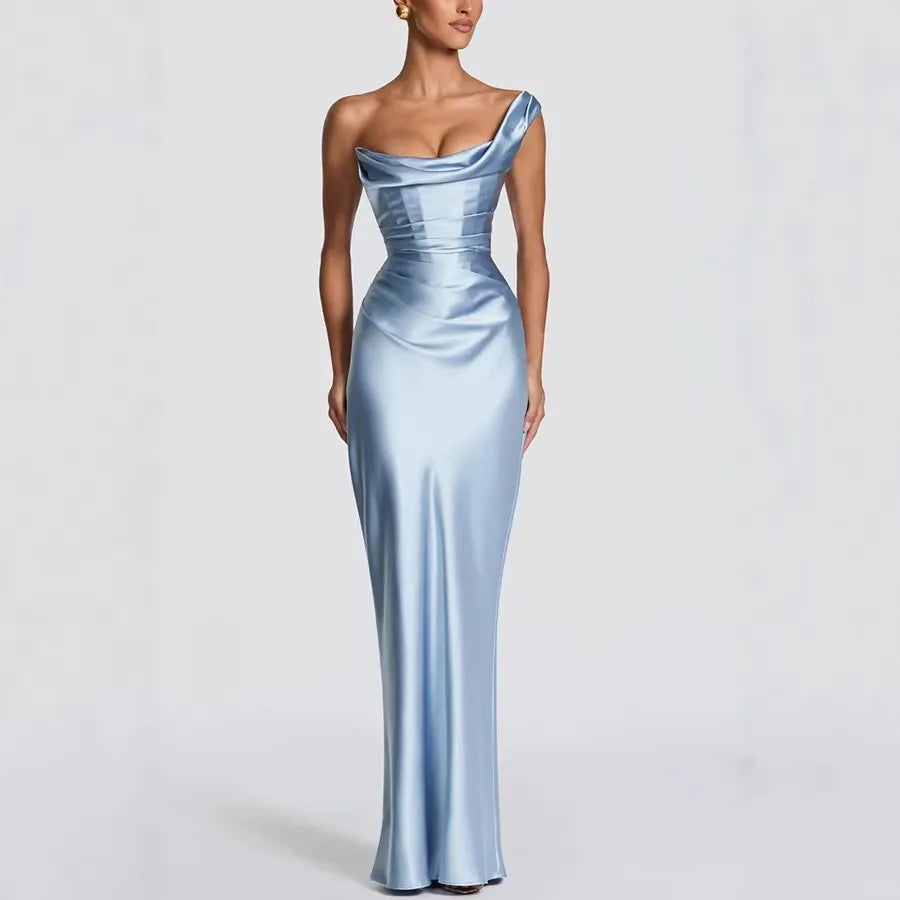 Women's Sexy Top Quality Spring Autumn  Summer New Luxury Banquet Evening Party Dress Strapless Fishbone Pleated Hip Hugging Women's Maxi Long Sexy Gown