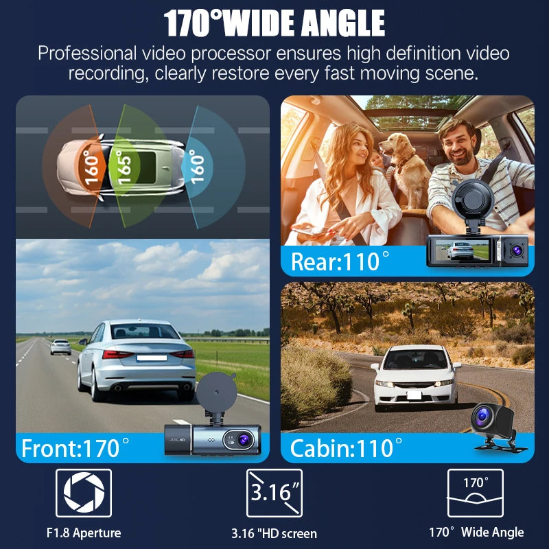 360* Degree 4K Driving Recorder 3.16 Inches IPS Screen Night Vision Three-Way Recording Wi-Fi App Connection Car Wireless Dashcam Camera Loop Recording Vehicle Safety Driving Products