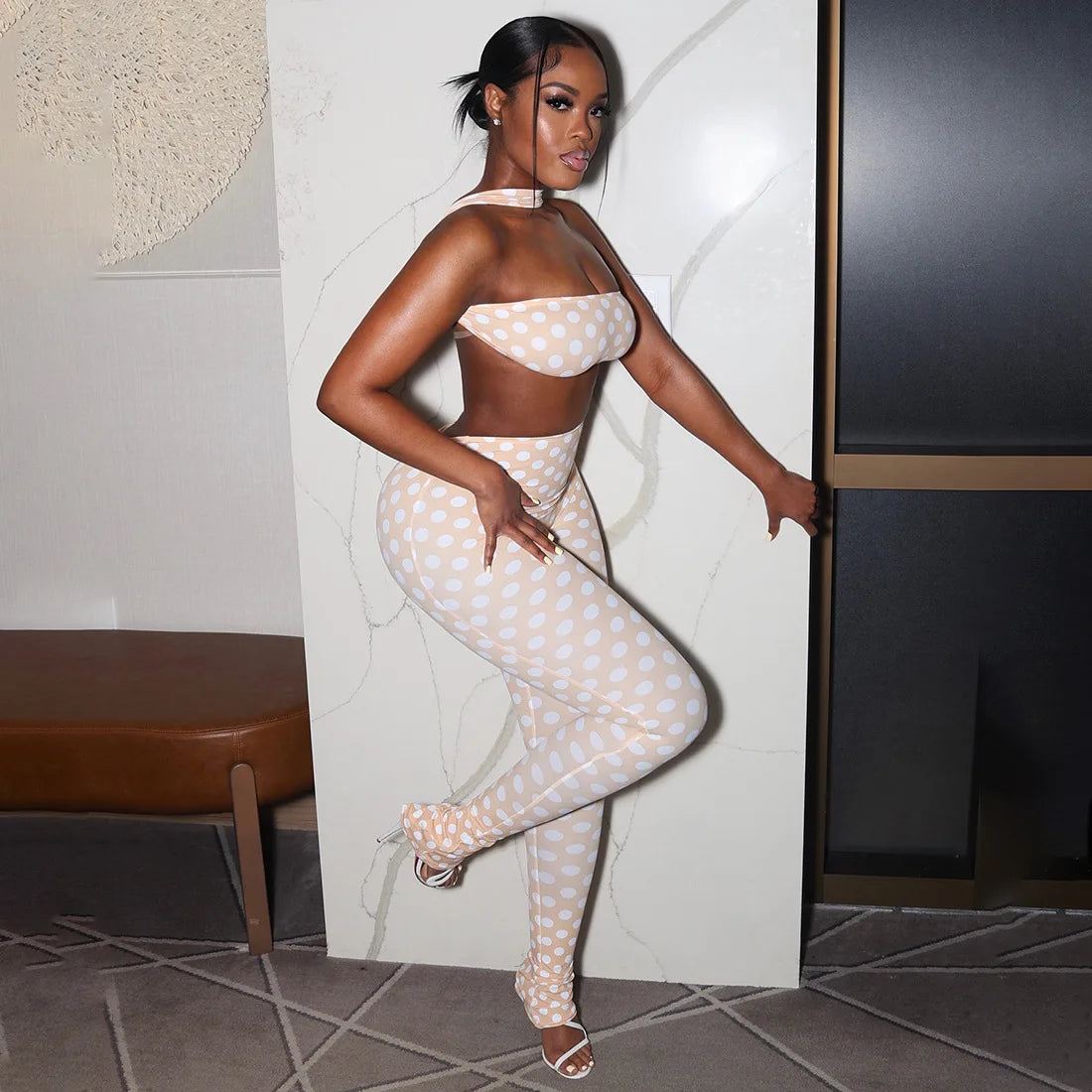 2 PCS Set White/Blue/Apricot Color Autumn Spring Summer New Fashion Women Sexy Sleeveless Creative Strapless  Backless Pattern Pants + Tops Streetwear Women Casual Clothing Supplies.