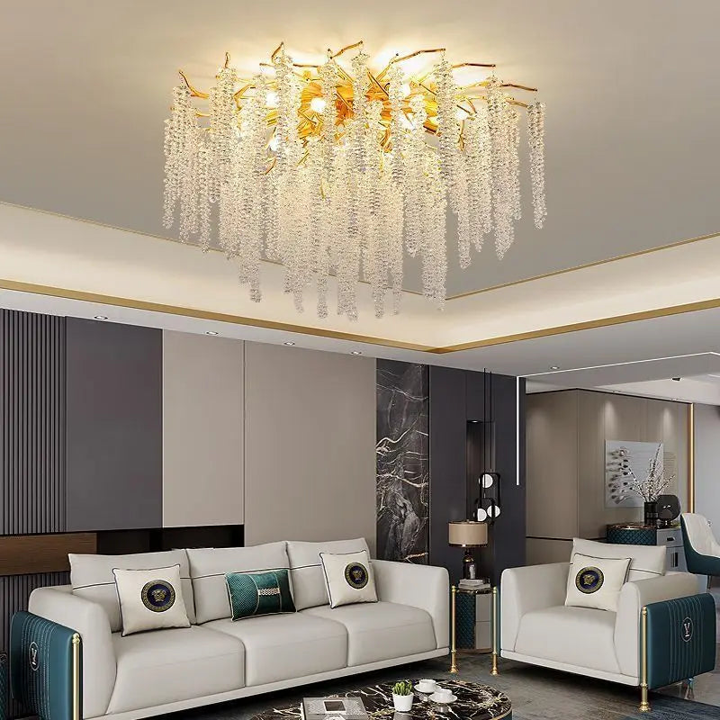 Villa Home Living Room Gold Aluminum Branch Crystal Ceiling Chandelier Light Modern Luxury Tassel Glass Pendant Lamp Living Bedroom Decorative Hanging Lighting Supplies
