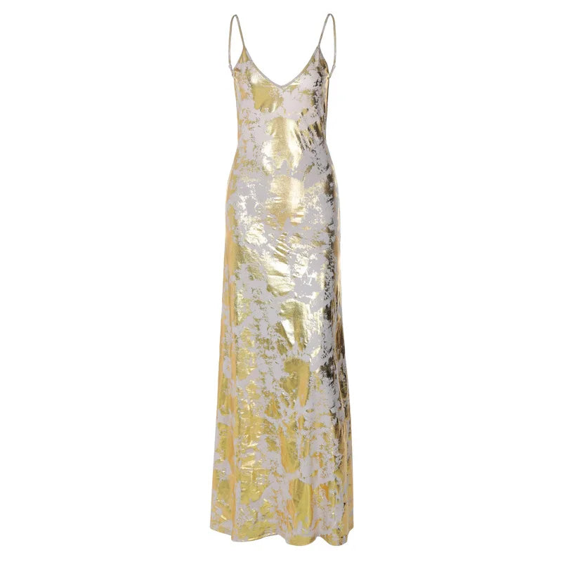 NEW Arrivals Elegant Gold Foil Fragmented Sexy Bodycon Maxi Dresses for Women Luxury Evening Party Gown Sexy Backless Stamped Dress Women's Sexy Apparel Supplies