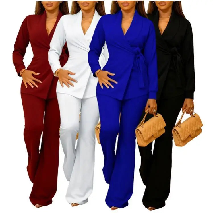 HOT SALE Only Few Units Left 5 Colors 2 PCS Set Office Lady Solid Long Sleeve Blazer and Pants Set with Belt Formal  Blazers Suits Women Party Evening Outfits Ladies Luxury Clothing Supplies.