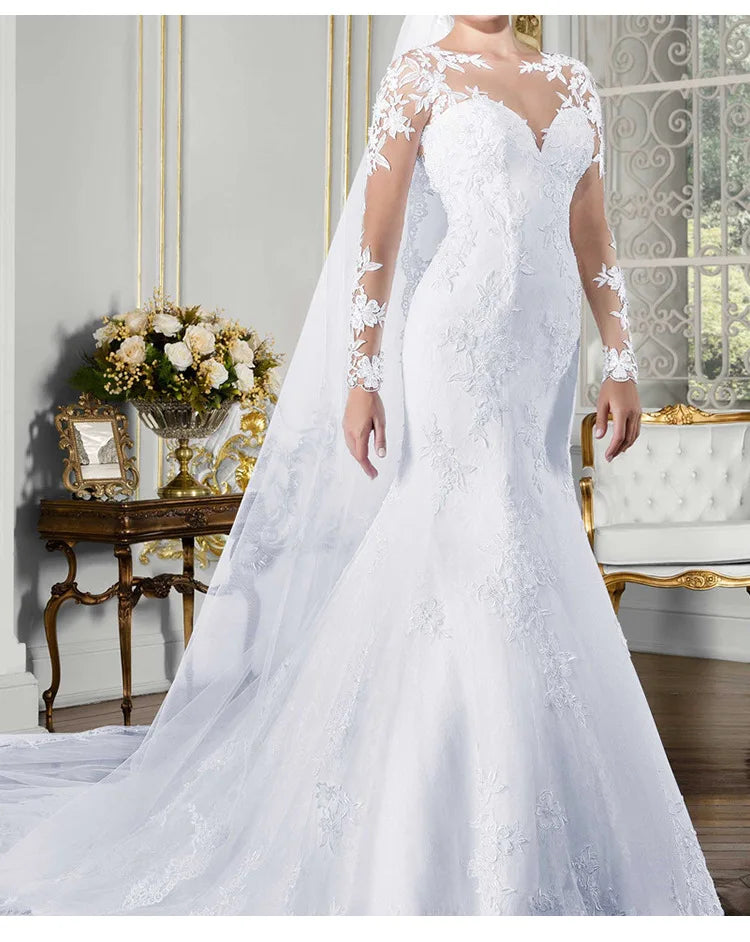 NEW Arrivals O-Neck Long Sleeve Mermaid See Through Illusion Back Bridal Gowns Plus Size Wedding Dresses Bride's Evening Prom Party Bridal Luxury Gowns