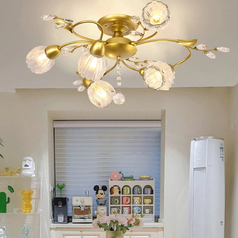 NEW Arrivals American Pastoral Ceiling Light Creativity Flower Living Room Dining Room Bedroom Home Decoration French Golden Ceiling Lamp Home Lighting Supplies