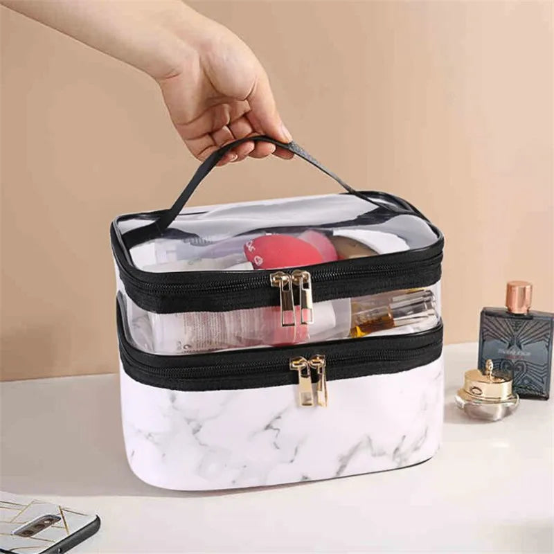 Luxury Black/White/Leopard Large Capacity Makeup Bag For Women Transparent PVC Double Layer Storage Wash Cosmetic Bag Waterproof Organizer Toiletry Cases Products Cosmetic Accessories Supplies