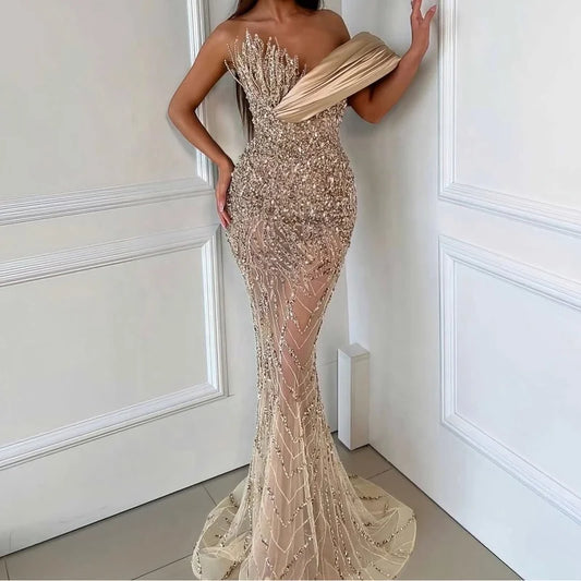 Boutique HOT SALE Only Few Units Left 4 Colors Plus Size Women Luxury Designer Evening Wedding Beaded Gowns Long Evening Prom Party See Through Dress Mother of Bride Wedding Guest Ladies Luxury Apparel Supplies