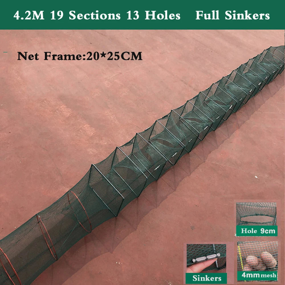 7-19 Sections 12 Holes Top Quality Professional Portable Folded Long Fishing Net 1.5M-5.5M, Crab Fish Net, Hand Casting Cage Crab Net, Mesh Trap Catcher Live Fish for Lobster