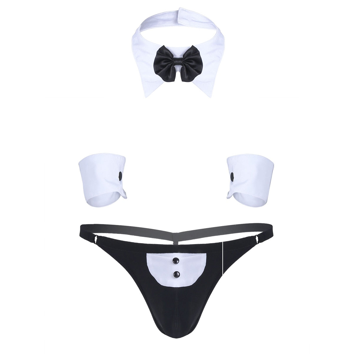 Men Erotic Tuxedo Uniform Waiter Sexy Halloween Role Play Costume Outfit Cute Briefs With Bowknot Collar Cuff Sissy Lingerie Set