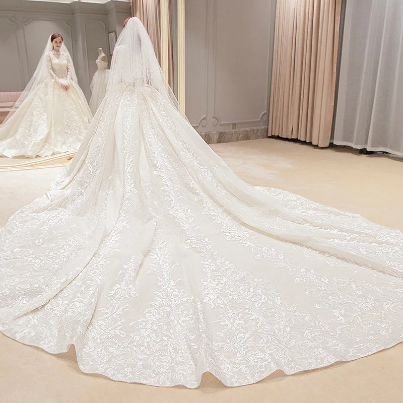 New Winter Muslim Bridal Wedding Dream Court Starry Trailing Long Sleeve French Turkish Istanbul  Islamic Luxury Beaded Wedding Dress in Dubai Ladies Religious Wedding Ceremony Luxury Modest Gown