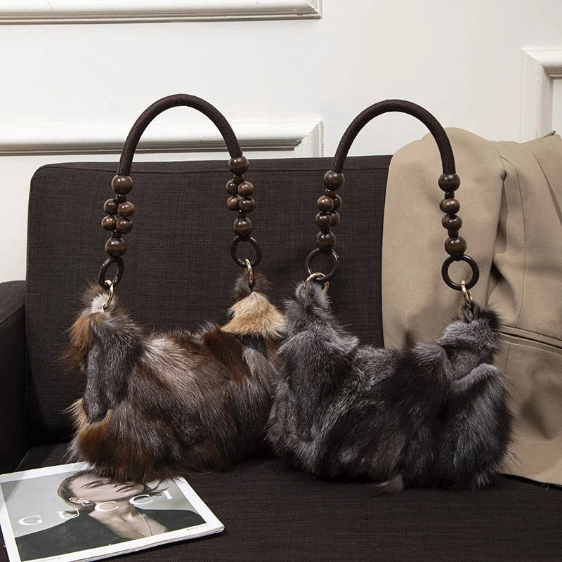 NEW Fashion Artificial Fox Fur Patchwork Underarm Bag Wooden Beaded Strap Women Fluffy Shoulder Purse Eco Faux Fur Handbag Women Apparel Accessories