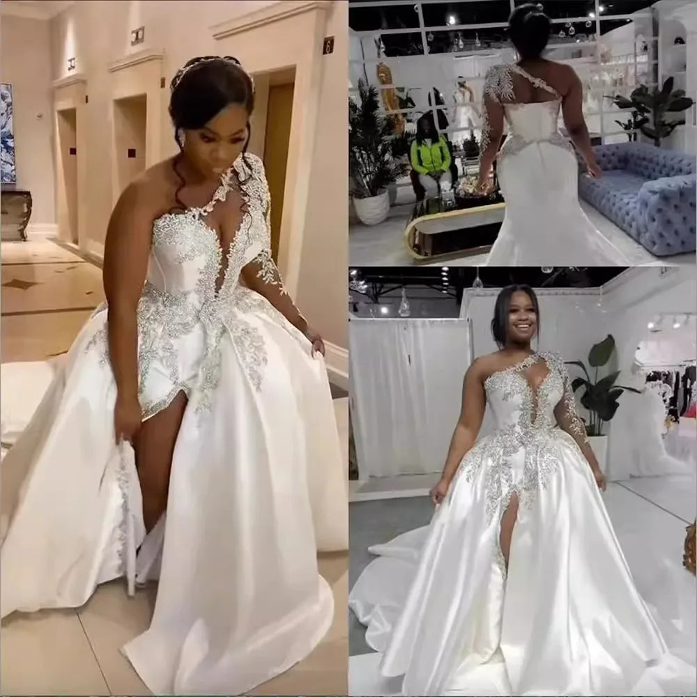 Boutique HOT SALE African Appliques One Shoulder Luxury  Wedding Dresses a Line Sexy Side Slit Bride Gowns Elegant Formal Woman's Wedding Dress Customized Bridal Gowns Women Luxury Apparel Supplies