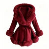 5 Colors UK (6-20) Large Size  Women's Streetwear Thick Plain Dyed Woven Single Breasted Faux Fur Trim Hooded Belted Winter Trench Coat Winter Warm Autumn Apparel Clothing Supplies