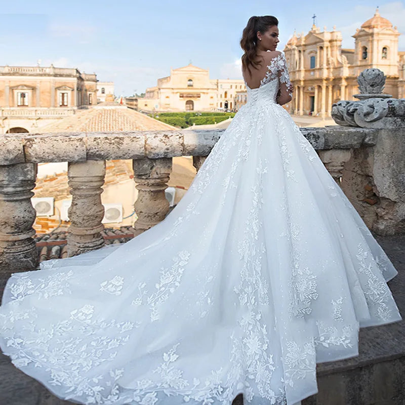 Plus Size V-Neck Luxury Long Sleeves Wedding Dress Customized Dress Wedding Beaded Lace Fabric White Bridal Gowns Modest Long Sweep Train  Wedding Dress