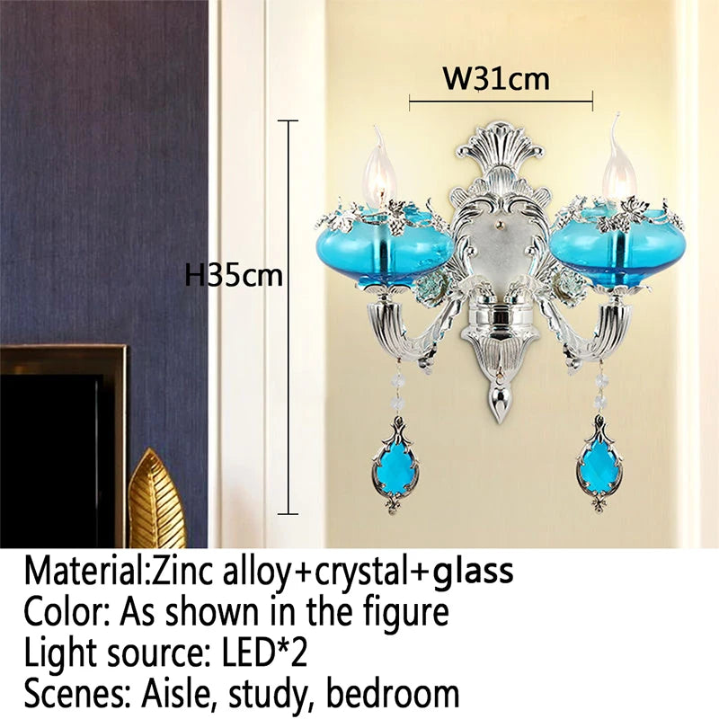 Villa Home Luxury European Blue Crystal Wall Lamp Luxury Living Room Bedroom Bedside Lamp Background Wall Corridor Villa Hotel Lighting.