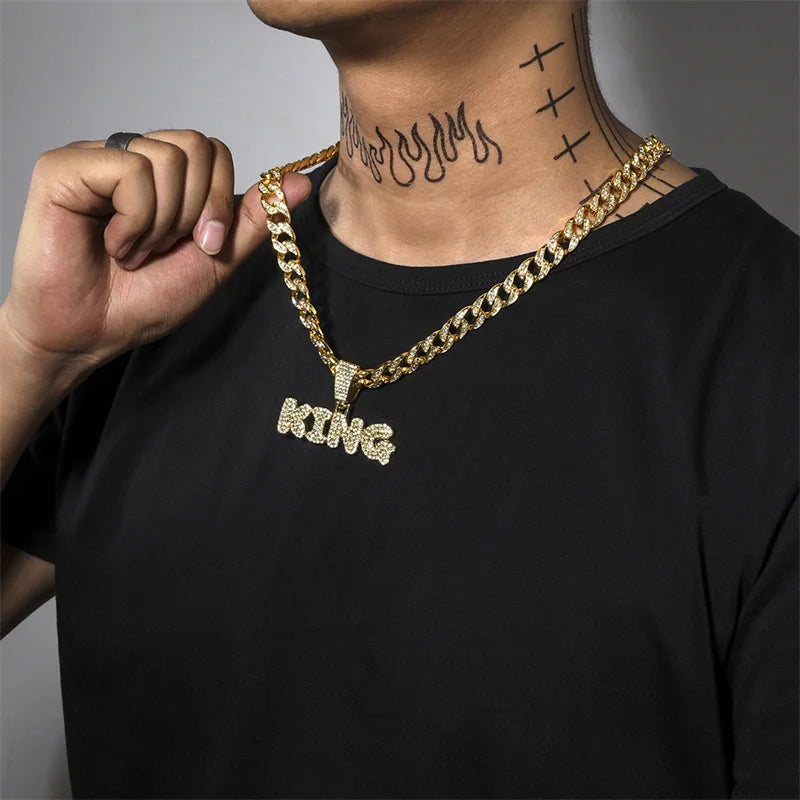 Rapper's Hip Hop KING Letters Pendant Necklace with Miami Cuban Chain Iced Out Bling Hip Hop Rave Rapper's Night Club Party Gangs Necklaces Male Charm Jewelry Gifts Accessories