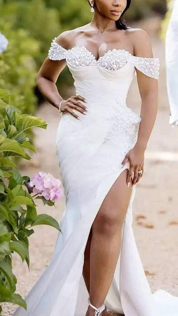 NEW Arrivals NEW Fashion Sexy Luxury Off-Shoulder Pearls Embroidery Side-Slit Anti-Static Long Skirt Temperament French Fishtail Sexy Luxury Mermaid Wedding Dress for Pregnant Bride, Bridal Formal Gowns