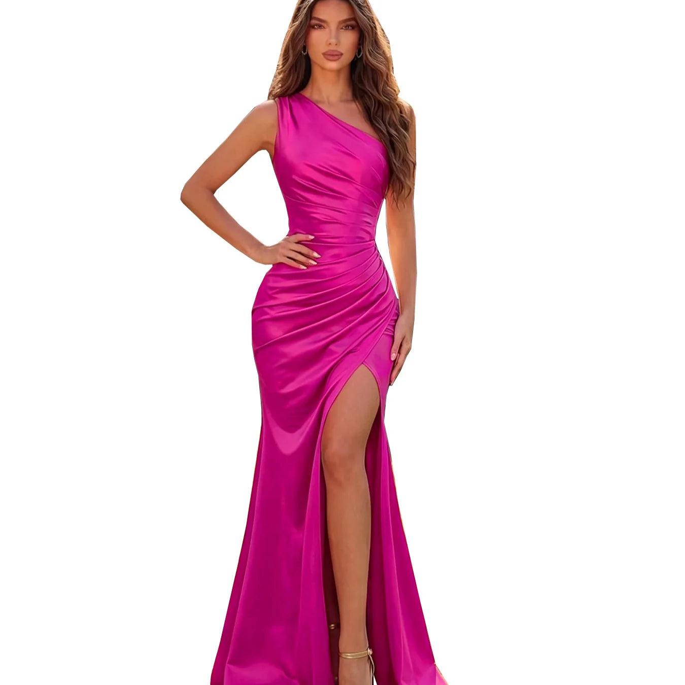 Women S-2XL Sexy One-Shoulder Pleated Satin Bodycon Sheath Summer Spring Luxury Dress Elegant Chic Split Gown with Zipper Evening Party Gowns Ladies Apparel Supplies