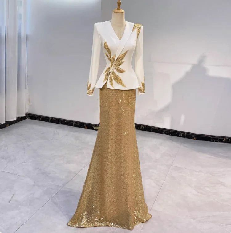 Mother of Bride White & Gold Luxury Blazer-Style Dress Embroidered Sequined Mermaid Floor-Length Vintage Evening Wedding Party Business Dinner Gown Ladies Luxury Apparel Supplies