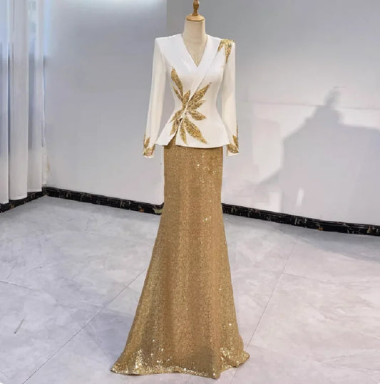 Mother of Bride White & Gold Luxury Blazer-Style Dress Embroidered Sequined Mermaid Floor-Length Vintage Evening Wedding Party Business Dinner Gown Ladies Luxury Apparel Supplies