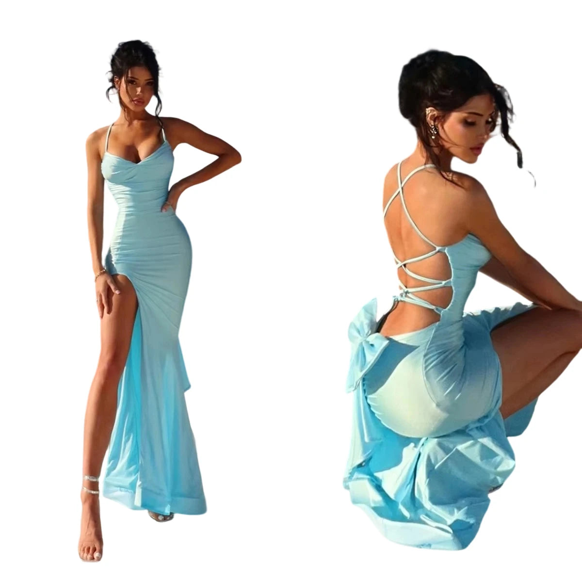 Women's Sexy Summer Vacation Back Tie with Large Bow, Backless Sleeveless Spaghetti Straps Slit Floor-Length Dress Sexy and Elegant Night Clubwear Prom Evening Beach Party/Date Formal Maxi Dress