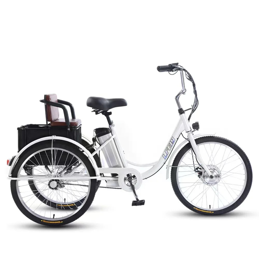 7 Speed Gears Max Speed 25Km Electric Cargo Tricycle Blue/White/Black Color Adult Utility Bike Three Wheel Delivery Bicycle Rear Carrier Storage Box Lithium Disc Pedal-Assist 3 Hours Charging Electric Bicycle