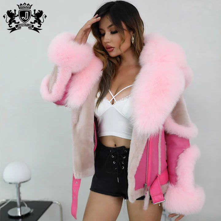 BEST PRICE S-2XL 8 Colors or Custom Color Design Natural Fox Fur Trim Coat Big Real  Fox Fur Collar Hooded Outerwear Jackets Women Sheepskin Leather Shearling Jacket Ladies Luxury Apparel Supplies