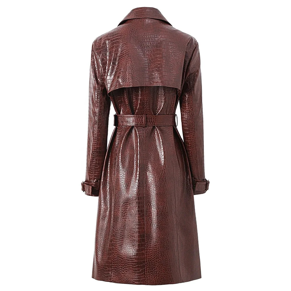 NEW Top Quality Women's Elegant Lace-Up PU Leather Windbreaker Leather Trench Coats Long Winter Outerwear Long Jackets for Night Club Prom Evening Party Ladies Luxury Apparel Supplies