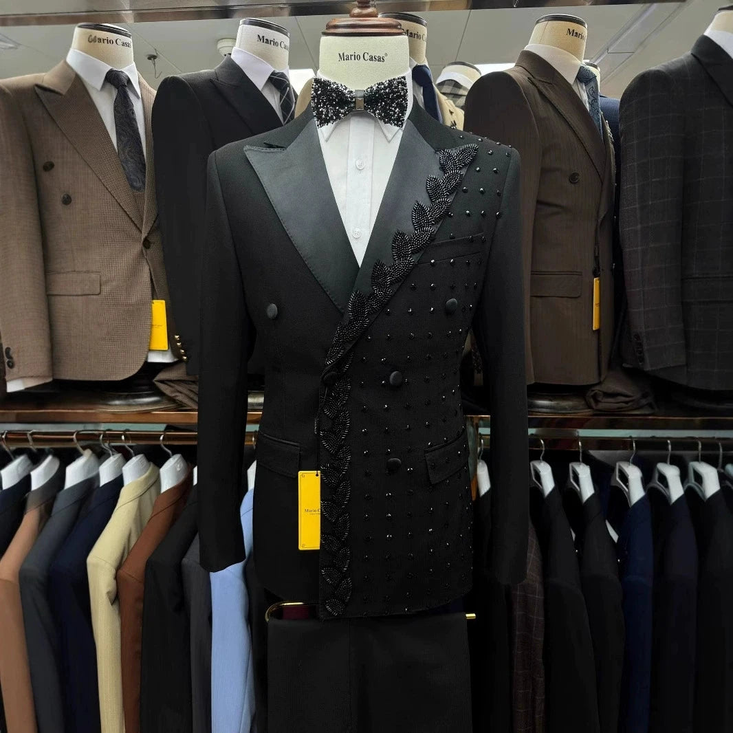 Boutique Gala HOT SALE 2 PCS Set Custom Made Men Slim Fit Double Breasted American Style Luxury Black Tuxedo with Crystal Beading for Wedding Guest Night Dinner Prom Evening Business Party Male Formal Apparel Supplies