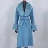 BEST PRICE 100% Cashmere 10 Colors Luxury Women's Winter Long Trench Jacket Real Natural Fox Fur New Fashion Pink Wool Coat Evening Party Wedding Guest Coats Ladies Luxury Apparel Supplies.
