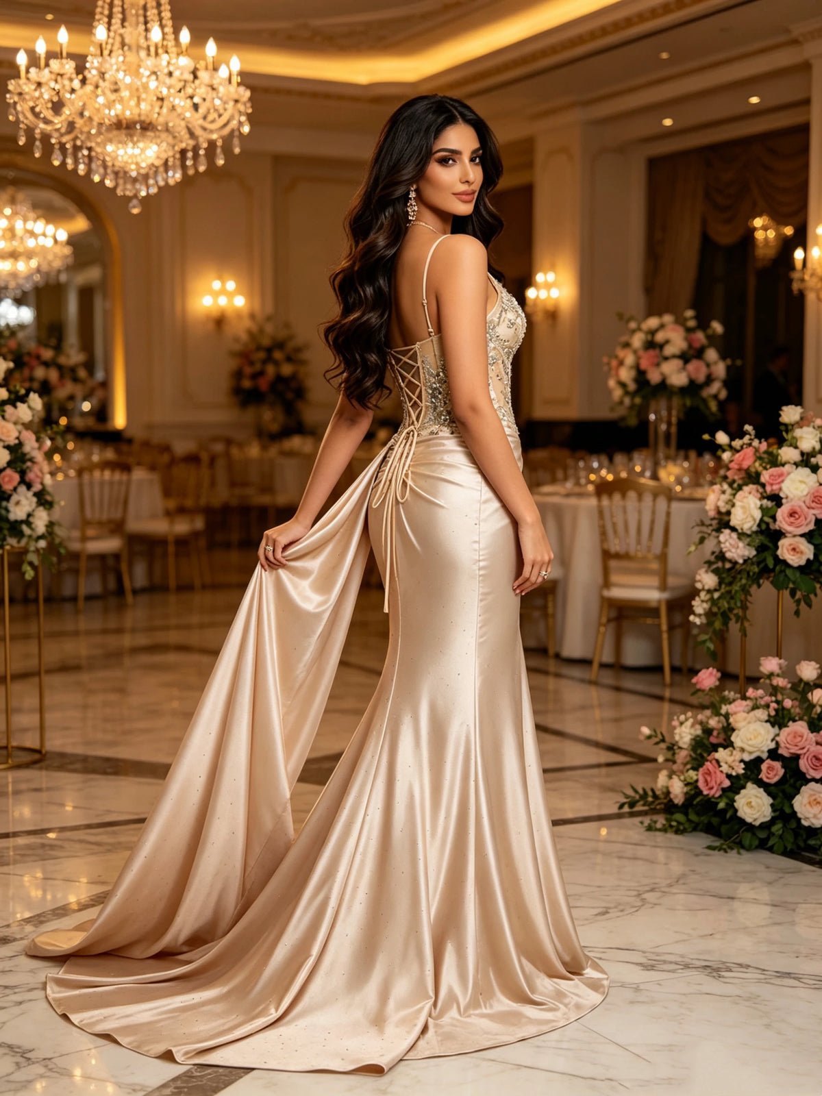 Mother of Bride Luxury Champagne Gold Mermaid Wedding Evening Prom Party Dress Sheer Boned  3D Sequin Embroidery Satin Evening Gown High Slit Lace-Up Back Wedding Guest Red Carpet Celebrities Mermaid Gowns