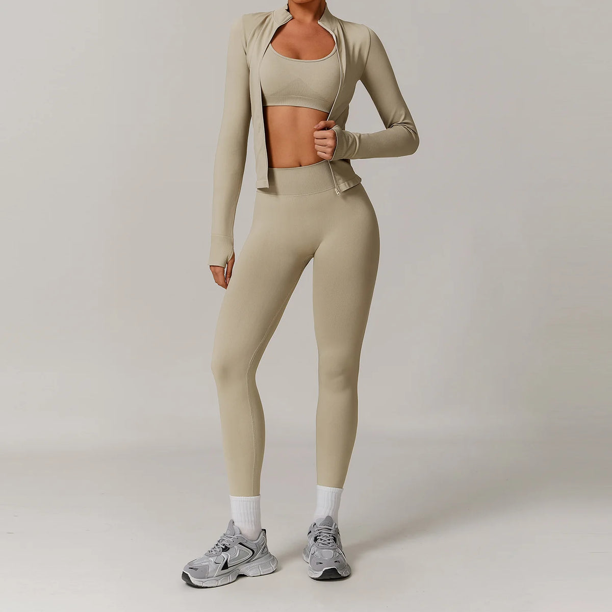 3 PCS Set 7 Colors Private Label Seamless Yoga Suit Women High Waist Scrunch Butt Lifting Tight Leggings Zip Jacket Gym Fitness Outfit Outdoor Running Activewear Set Women Sports Clothing Supplies